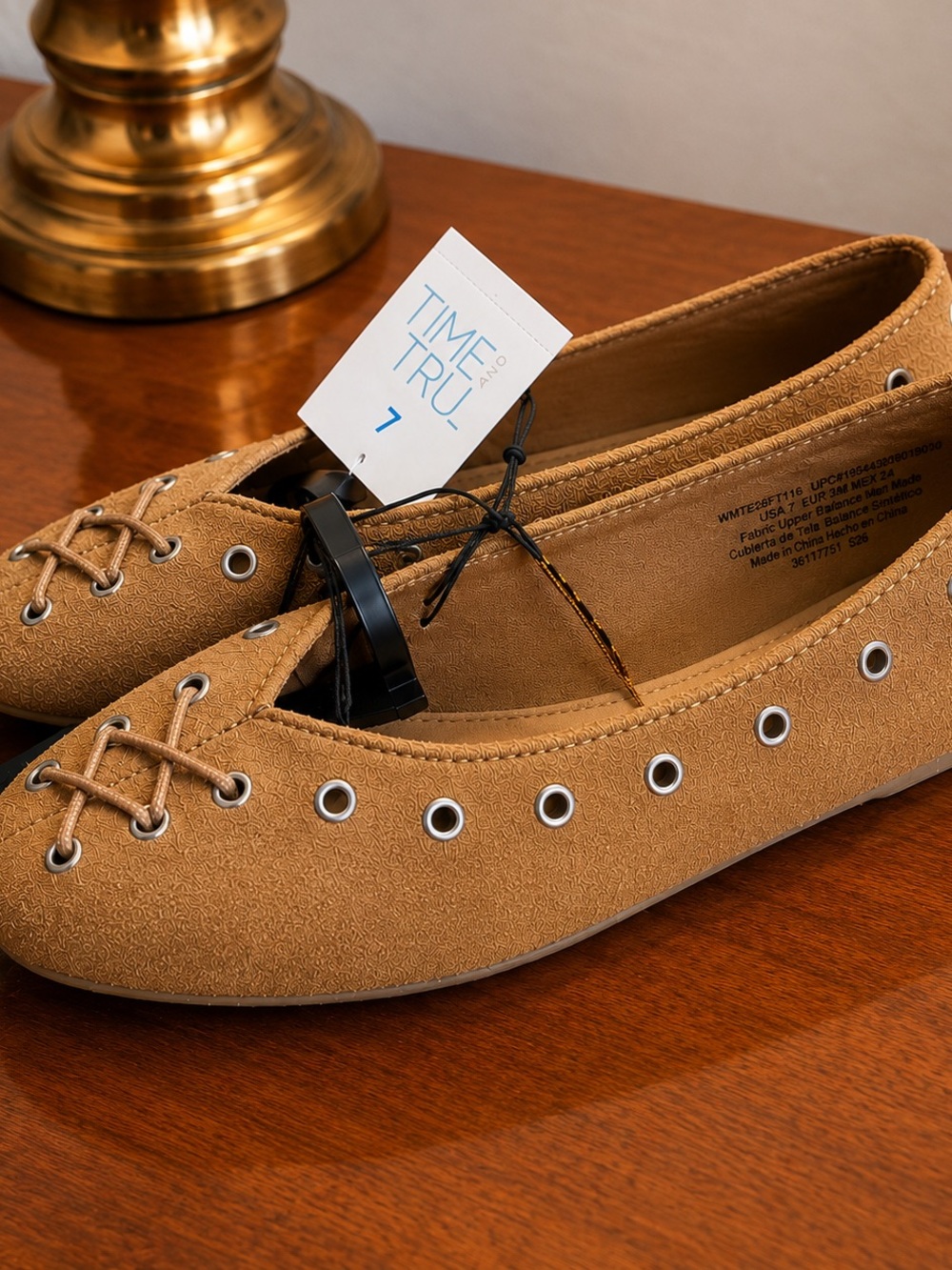 Time and Tru Tan Faux Suede Eyelet Lace-Up Ballet Flats – Women’s  US 7 / UK 5